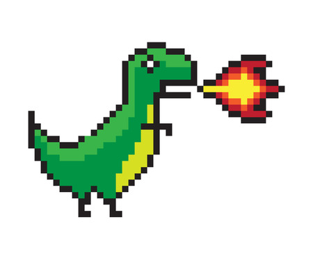 Danger dinosaur making a flame, color pixel banner isolated on white background, green wild animal, dot fire vector illustration, abstract dinoのイラスト素材