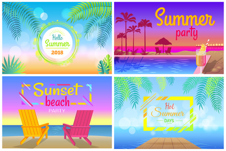 Sunset beach party hello summer time posters set party near pool, tasty cocktails, tall palms, two sunbeds on coastline vector illustrationsのイラスト素材