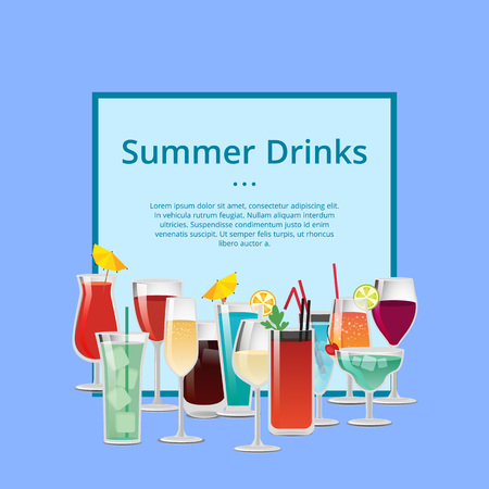 Summer drink poster with cocktails and champagne in glasses, decorated by umbrellas and straws, icy refreshing alcohol vector text in frameのイラスト素材