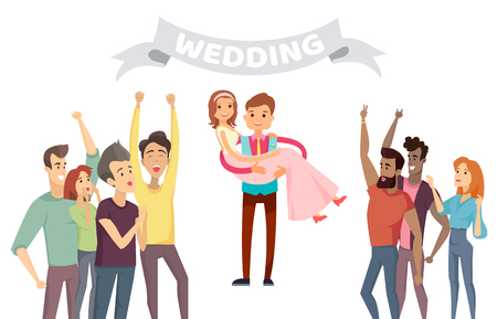 Wedding party banner abstract vector illustration with happy friends of young couple, cheerful groom holding his bride on hands, marriage color cardのイラスト素材