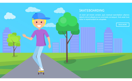 Skateboarding text web page and headline, skateboarder in green city park on background of skyscrapers high urban buildings vector advertisementのイラスト素材