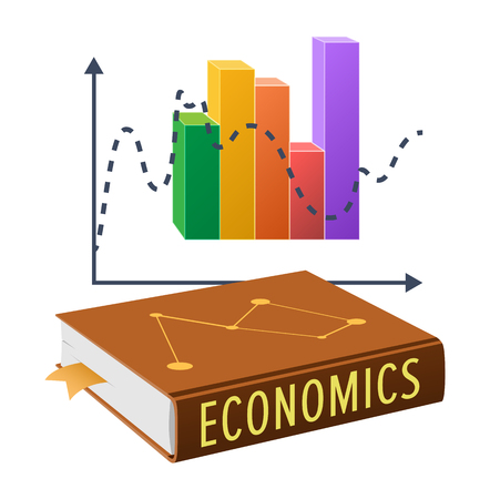 Thick textbook on economics in hardcover with bookmark inside and colorful statistical chart isolated vector illustration on white background.のイラスト素材