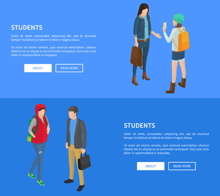 Students cartoon characters web posters vector illustrations with text on blue. Landing page with college or high school people in flat styleのイラスト素材