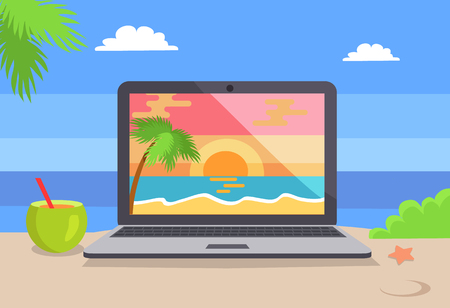 Open notebook picture of tropical sunset at coastline, standing on beach near cocktail vector distant freelance work conceptual background sea viewのイラスト素材