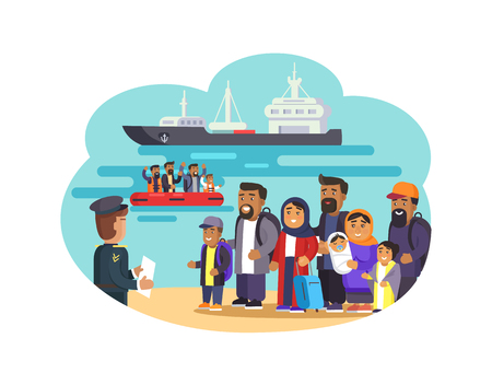 Cheerful Refugees on Sea Beach Vector Illustrationのイラスト素材