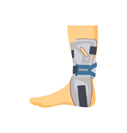 Medical fixing overlay on hurted human leg isolated banner white background, part of limb in special retainer, corset fixator vector illustrationのイラスト素材