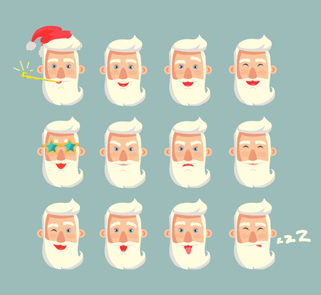Grandfather emoticons set, head of grandpa wearing red Santa Claus hat, bearded old man sleeping and snoring, emoji collection vector illustrationのイラスト素材