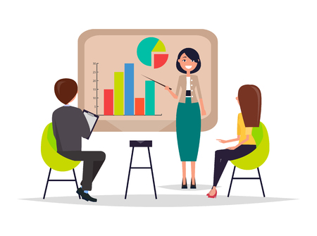 Business meeting presentation and information given on laptop chart pie diagram, people listening attentively to listener, seminar vector illustrationのイラスト素材