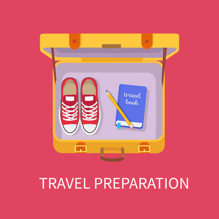 Travel preparation poster with luggage containing shoes sneakers book and pen for writing, baggage personal belongings isolated on vector illustrationのイラスト素材