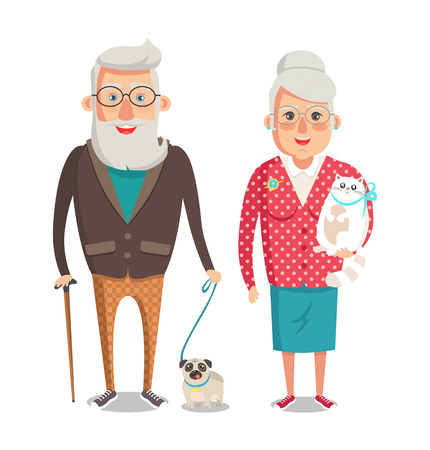 Grandmother and grandfather walking dog having good time together, elderly people smiling friendly vector illustration isolated on white backgroundのイラスト素材