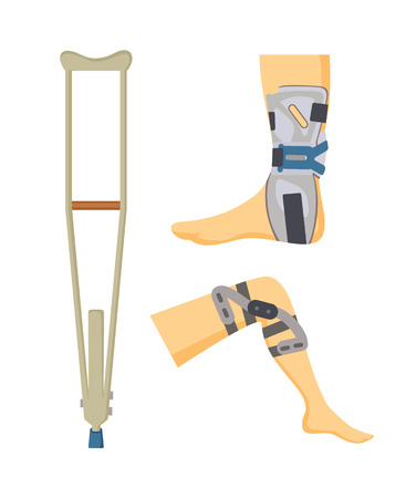 Crutch made of wooden material and adjustments set, orthopedic collection helping objects for patients body parts supporting, vector illustrationのイラスト素材