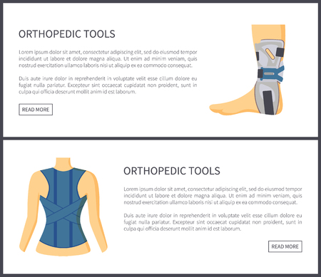 Orthopedic tools internet sites collection bandage and adjustment for spine foot recovering, web pages set text sample isolated on vector illustrationのイラスト素材