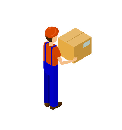 Delivery service man with paper box back view holding big package in hands vector male with cardboard parcel isolated on white, production line workerのイラスト素材