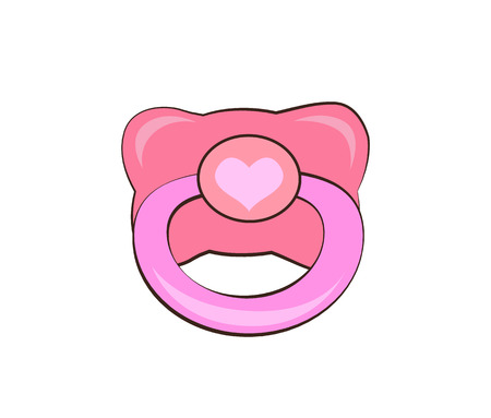Pink pacifier with heart vector illustration isolated on white. Baby s dummy, nipple icon for toddler girl, infant soother in flat design cartoon styleのイラスト素材