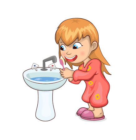 Girl brushes teeth happily, child wearing slippers and pyjamas with floral print, toothbrush of kid, vector illustration isolated on white background.のイラスト素材