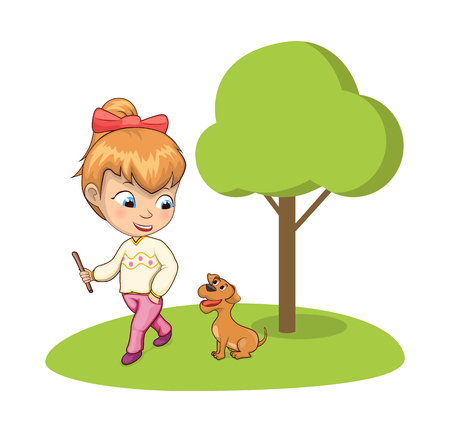 Young Girl Walking Park with Adorable Dog Vectorのイラスト素材