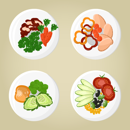 Dish collection plates set vegetable food with pepper and broccoli, tomato near cucumber vegetarian products vector illustration isolated on grey.のイラスト素材