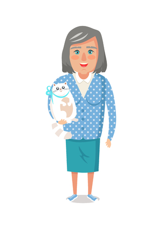 Elderly woman in blue jacket with home cat, grandmother vector of granny with cute domestic kitten pet isolated on white background, lady on retirementのイラスト素材