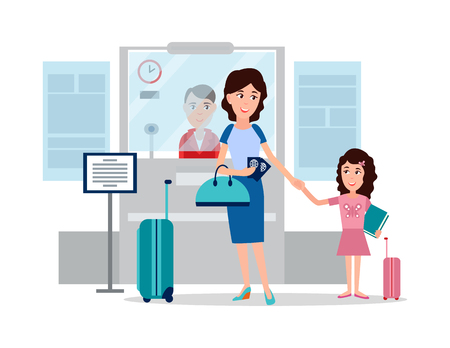 Passport Control Point and Mom with his Daughterのイラスト素材