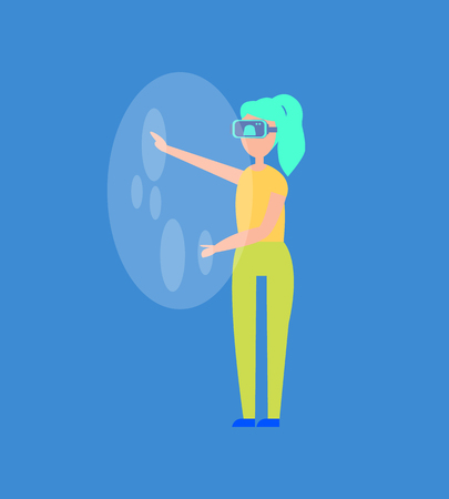 Interactive reality woman wearing glasses of virtual goggles, looking at empty space seeing visionary items, vector illustration isolated on blueのイラスト素材