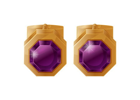 Golden earrings with treasure stones color pattern, vector illustration of stylish female accessory isolated on white background, shiny lilac diamondのイラスト素材