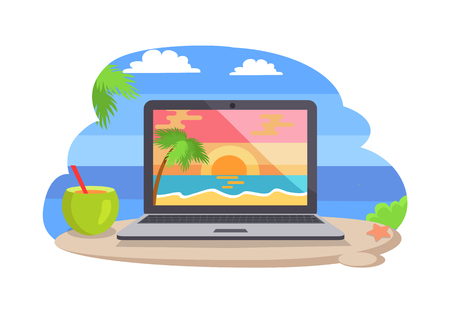 Open notebook with picture of tropical sunset at coastline, standing on beach near cocktail vector distant freelance work conceptual illustration isolatedのイラスト素材
