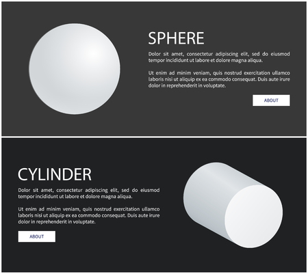 Sphere round geometric 3D shape and cylinder white figures on black web posters. Circle geometry elements set, banners text vector shapesのイラスト素材