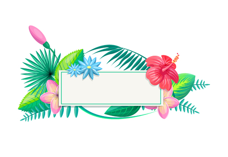 Tropical frame and flowers, foliage with leaves, border decorative floral elements, set of plants on poster place for text vector illustration isolated on whiteのイラスト素材