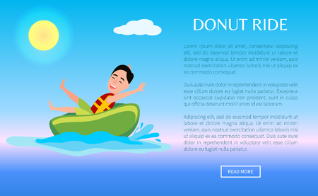 Donut ride web poster design with boy having fun, summertime activity, inflatable ring at seawater, male riding on rubber device in splashes of sea.のイラスト素材
