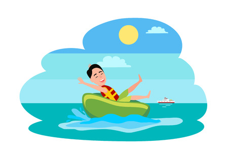 Donut ride watersport activity, boy has fun with rubber ring in sea or ocean, ship on background, man who wears waterproof vest vector illustration.のイラスト素材