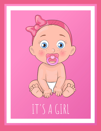 Its a girl poster for baby shower day vector illustration of newborn infant with pacifier in diapers isolated on pink background, female toddler bannerのイラスト素材