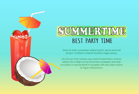 Summertime best party time poster sweet summer cocktails with strawberry and coconut. Alcohol beverages on tropical banners vector advertisement.のイラスト素材