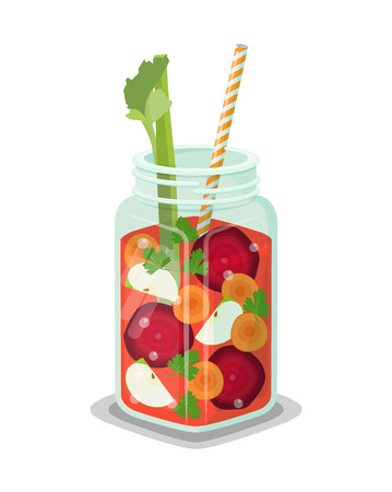 Detox refreshing healthy cocktail made of carrot slices, cut pieces of beet, fresh apple parsley and lettuce, drink in glass mug with straw vectorのイラスト素材