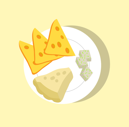 Different sorts of cheese set, colorful poster, cartoon vector illustration, cheese with holes, edible mold, sliced dairy on round fragile dishware.のイラスト素材
