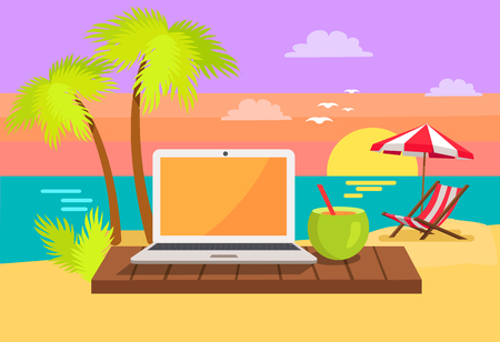 Open notebook on tropical beach, summer cocktail with straw, sun-bed under umbrella, summertime poster freelance concept on coastline backgroundのイラスト素材