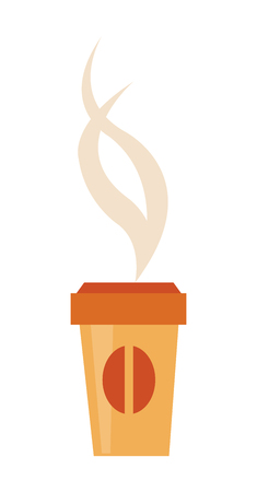 Paper cup of tasty hot coffee with plastic cover, bean picture at side and steam above isolated cartoon flat vector illustration on white background.のイラスト素材