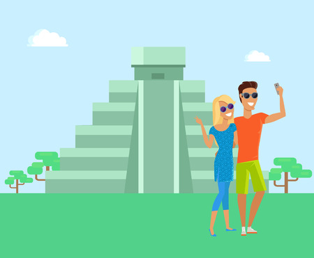 Maya Pyramid Man and Woman Vector Illustrationのイラスト素材