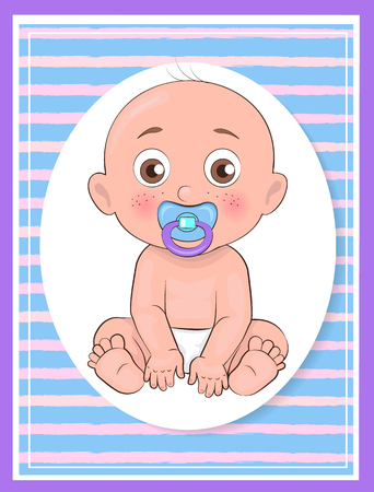 Its a boy poster newborn toddler with pacifier in mouth and dressed in diapers vector illustration of bold infant male isolated on blue in oval frame.のイラスト素材