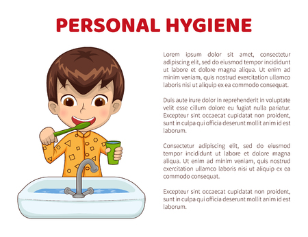 Personal hygiene info poster with boy in pajamas who brushes teeth in front of sink. Little kid does daily routine cartoon flat vector illustration.のイラスト素材