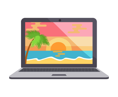 Power laptop icon isolated vector illustration white background, beautiful seascape on notebook screen sunset and single palm tree, electronic gadgetのイラスト素材