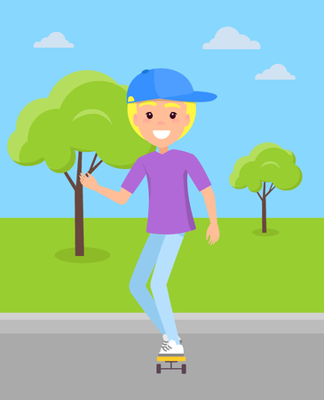 Smiling blond boy riding on skateboard at skatepark vector illustration of happy teen among green trees, young guy skater skateboarding, extreme rider.のイラスト素材
