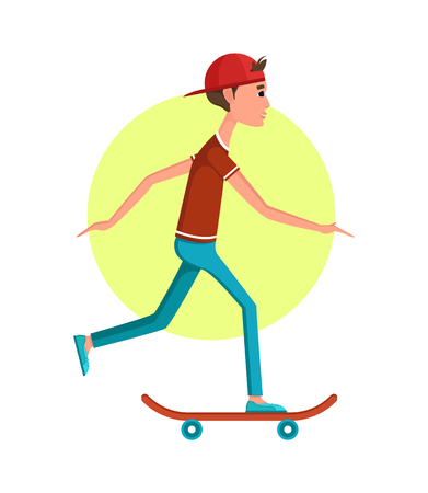 Casual boy rides skateboard, red board on blue wheels, young guy in blue jeans and t-shirt, teenage skater isolated cartoon flat vector illustration.のイラスト素材