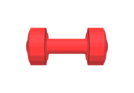 Red heavy dumbbell with round cylindrical handle, sport tool isolated on white background, weight in rubber cover cartoon flat vector illustration.のイラスト素材