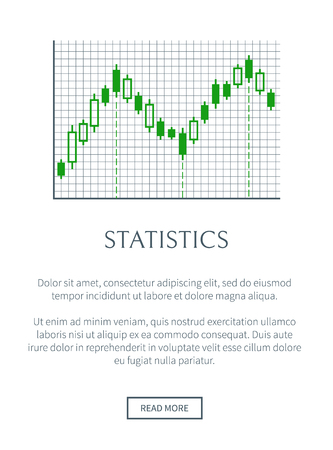 Statistics card with green chart isolated on grid, vector illustration, text sample, push button, rectangles set, infographic data representationのイラスト素材