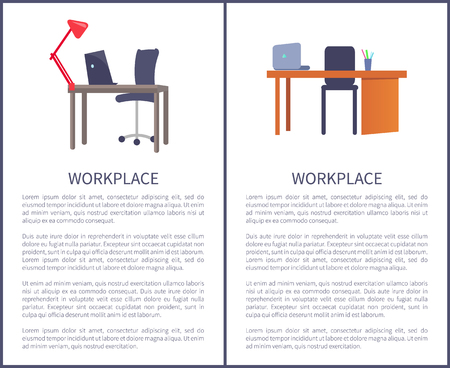 Office workplace design table with computer laptop, comfortable chair, lamp on desk vector furniture isolated on white, mock up off workspace, text sampleのイラスト素材