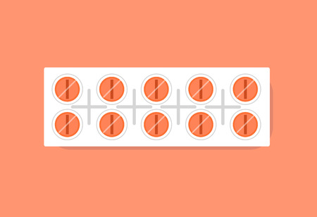 Pills in plastic strip package relieving pain and helping people to recover quickly, fighting illness vector illustration isolated on red backgroundのイラスト素材