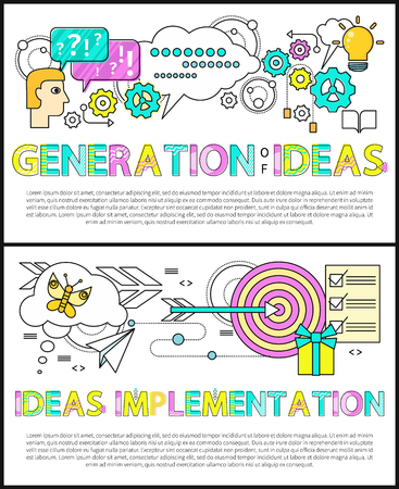 Generation of ideas poster collection with editable text sample, implementation of thoughts, target and flying arrow, banners set vector illustrationのイラスト素材