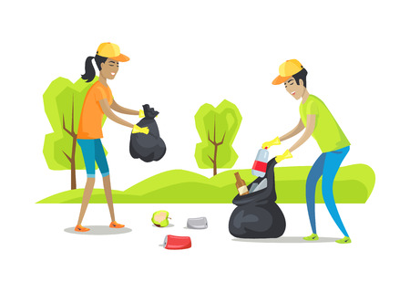 People collecting garbage and metal waste, rotten apple, organic garbage, man with woman volunteering caring for environment, vector illustrationのイラスト素材