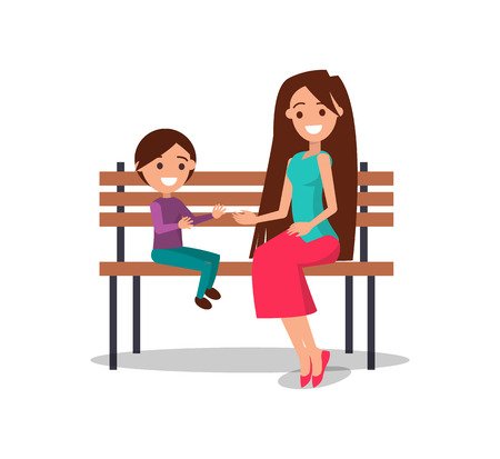 Smilimg mother and son sitting on wooden bench and smiling vector illustration of mom and cheerful boy isolated on white backgroundのイラスト素材