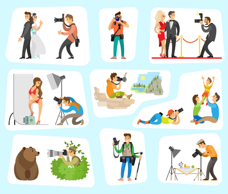 Photographer and clients set, wedding party, family activities, swimming suit worn by woman, landscape nature, man in bushes bear vector illustrationのイラスト素材